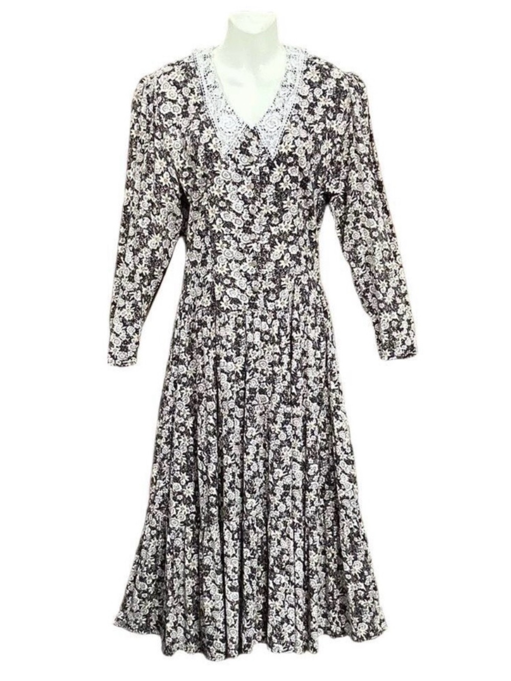 Vintage 90s floral long dress Small lace collar drop waist tiered skirt Prairie